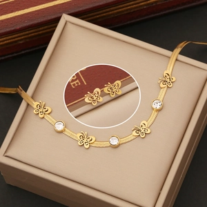 Parure de bijoux papillon en acier inoxydable doré avec zircons et chaîne serpent