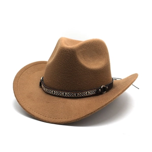 Detail of brown felt cowboy hat featuring ethnic patterned band and metal ring buckle