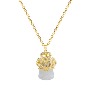 Titanium steel necklace with white gourd pendant and sparkling crystals on golden chain