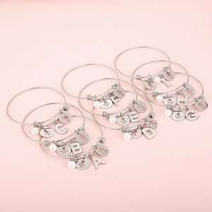 Stainless Steel Letter Charm Bracelet With Faux Artificial Pearl Boy Girl Hollow Charms Adjustable Silver Color Alphabet Bangle