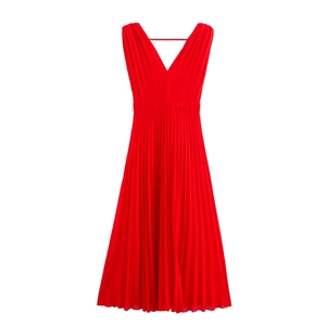 Robe Midi Plissée Sans Manches Col V Élégante Mousseline Couleur Unie Mode Vêtements Femmes