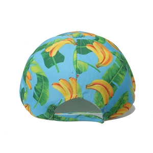 Rear view detail of cotton baseball cap with banana leaf print and adjustable strap