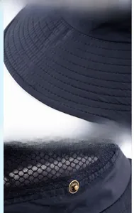 Detail of blue sun hat showing breathable mesh, precision stitching and metal buttons