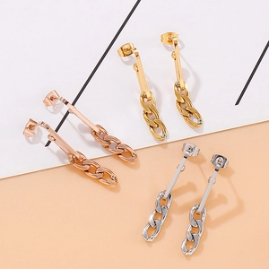 Polished titanium steel Cuban chain drop earrings in gold, silver, and rose gold finishes