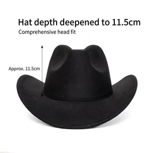 Classic black wool felt wide brim cowboy hat with 11.5cm deep crown for men and women