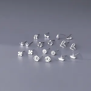 Minimalist S999 Fine Silver Stud Earrings For Women Tiny Clover Rose Heart Mobius Geometric Ear Piercing Commuter Jewelry Gift