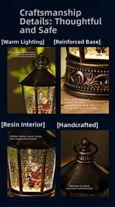 Detail view of vintage bronze Christmas lantern with Santa resin figure and warm LED lighting