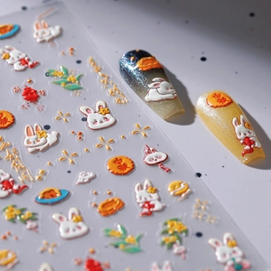 Autocollants ongles 5D relief pour la fête de la mi-automne avec lapins et lunes