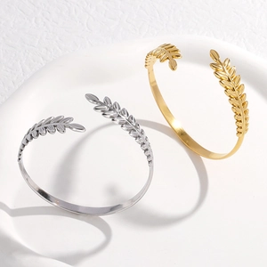 Bracelet jonc ouvert en acier inoxydable en forme de feuille, doré et argenté