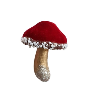 Velvet mushroom Christmas ornament with red top, pearl beads and gold glitter accents