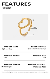 Technical drawing of gold hollow heart ring showing 1.7cm adjustable size and 1.3g weight