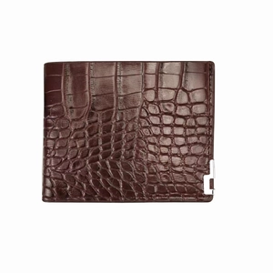Brown crocodile pattern bifold leather wallet for men with elegant silver metal logo