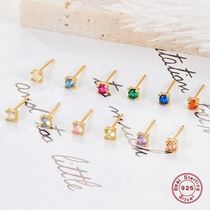 Birthstone Stud Earrings 925 Sterling Silver Gold Plated Geometric Zircon Minimalist Jewelry Gift For Women