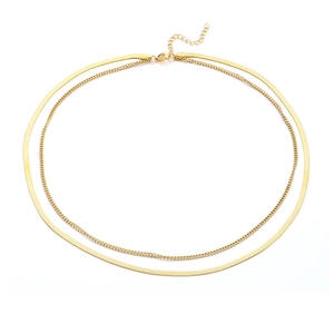Double-layered gold stainless steel necklace featuring a flat snake chain and thin link chain