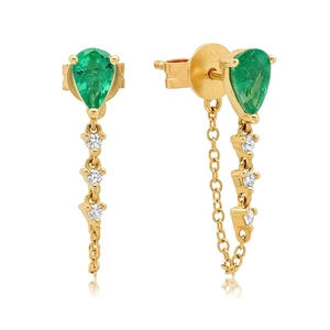 Detail of S925 silver drop earrings featuring green zircon and elegant gold chains