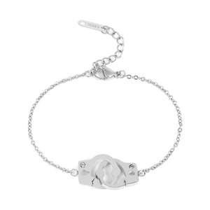 Detail of silver stainless steel handcuff bracelet with clear zircon and lobster clasp