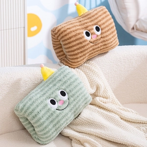 Cute cartoon plush hand warmer pillow with striped pattern and soft fluffy texture