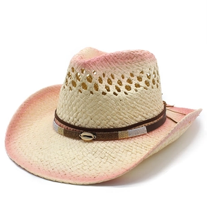 Women's woven straw sun hat with pink gradient trim and golden shell leather band