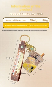 Detail showing 56g pearl milk tea bear keychain dimensions and gold metal hardware