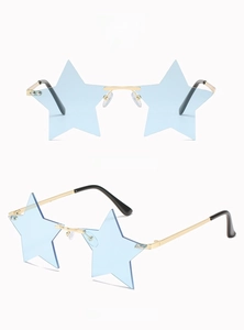 Star-shaped rimless sunglasses with gold metal temples and blue lenses, model COL.06