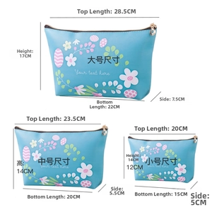 Detailed dimensions of waterproof PU cosmetic bags in large, medium, and small sizes