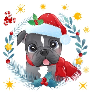 Detail of Christmas toilet sticker with French Bulldog in Santa hat and festive wreath