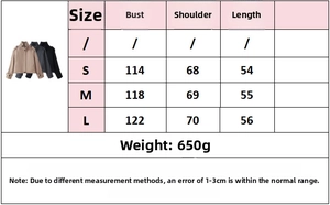 Size guide for loose stand collar wool jacket including bust and sleeve measurements