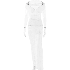 Detail of white lace off-shoulder maxi dress with ruched waist on a transparent mannequin