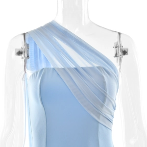 Detail of light blue bodycon dress featuring mesh sash shoulder and pleated fabric texture