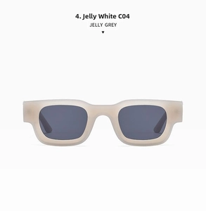Detail view of square frame jelly grey sunglasses showing translucent finish and C04 hinges
