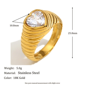 18K gold plated stainless steel heart zircon ring with textured ribbed band for women