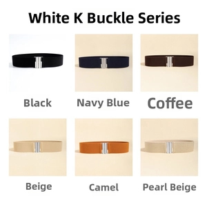 Detail view of elastic waist belt with geometric metal buckle in six multiple colors