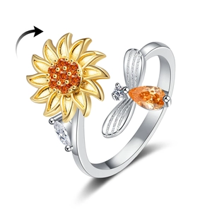Adjustable silver spinning ring with golden sunflower and bee set with orange gemstones