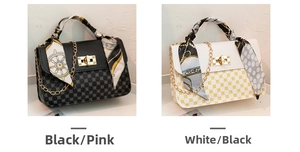 Detail of elegant quilted crossbody bags with silk scarf handles and gold chain straps