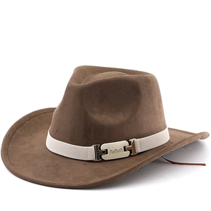 Western Cowboy Hat Faux Suede Wide Brim Fedora Jazz Hat Decorative Woven Belt Metal Buckle Retro Outdoor Style Men Women
