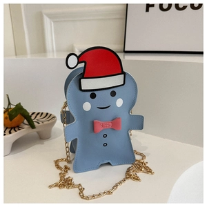 Close-up of light blue gingerbread man bag with red Christmas hat and gold chain strap