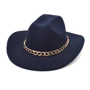 Navy blue wool fedora hat with stylish wide brim and chunky gold chain accessory