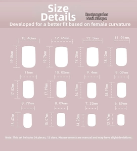Size guide for square press-on nails showing width and length dimensions for 12 pieces