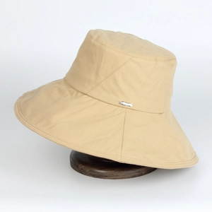 Women's minimalist khaki wide brim bucket hat with adjustable wind rope for sun protection