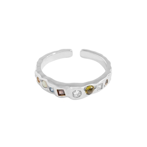 S925 sterling silver open ring with colorful zircon stones and unique irregular texture