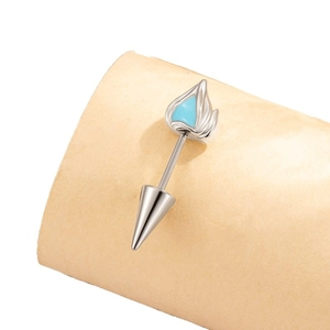 Silver cat ear cartilage stud earring featuring a blue heart gemstone and conical screw back