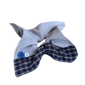 Blue and white plaid oversized scrunchie with lace trim and vintage button accents