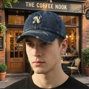 Distressed denim baseball cap with letter N patch worn by male model at a cafe