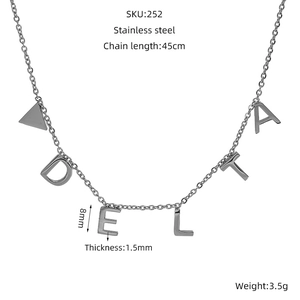 Detailed specs of stainless steel letter necklace with 45cm chain and 8mm pendant