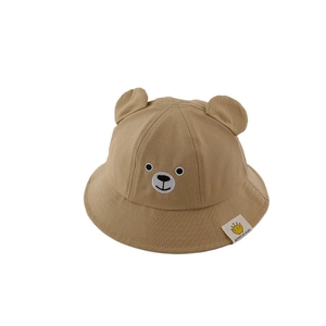 Chapeau bob enfant kaki en coton avec oreilles d'ours et broderie visage mignonne
