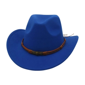 Navy blue wool felt cowboy hat featuring a vintage bronze badge on a brown leather band