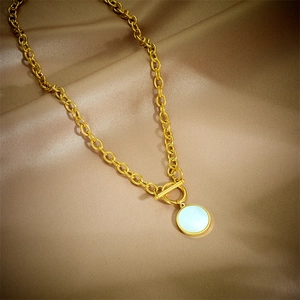 Vintage Gold Titanium Steel Necklace With Round Mother Of Artificial Pearl Pendant And Toggle Clasp Minimalist Jewelry
