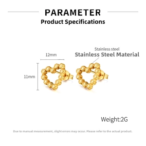 Détails des boucles d'oreilles cœur en acier doré avec dimensions 11mm et informations