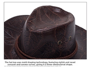 Close-up of brown cowboy hat with leaf texture embossing and braided leather cord