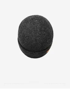 Top view of dark grey knitted beanie showing detailed thick weave and crown stitching